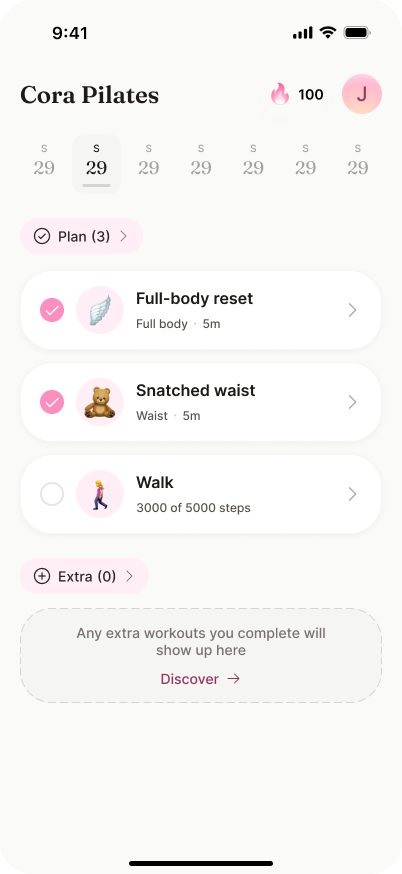 Cora's daily plan: a full-body reset, a waist session, and a walk toward a 5,000 step goal.